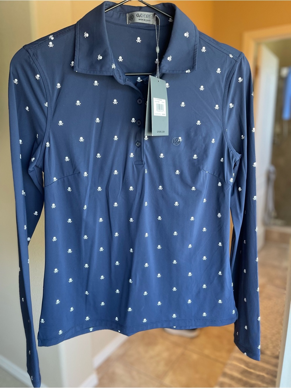 G/FORE Navy Long-Sleeve Polo with White Micro Skull Print